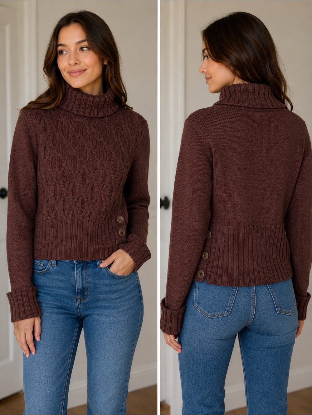 Apt. 9 Chocolate Brown Cable Turtleneck Sweater. Size Medium